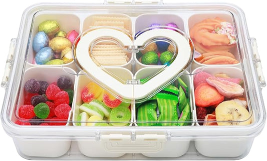 Divided Serving Tray with Lid and Handle,Snackle Box Containers with 8 Compartment,Portable Snack Serving Platters Reusable Storae Organizer for Fruits,Nuts,Candy,Party,Picnic,Veggies-NeatNest