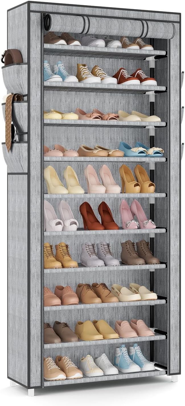 VTRIN Vertical Narrow Shoe Rack Organizer Tall Shoe Rack for Closet Entryway 10 Tier Non-Woven Cover Shoe Shelf Holds 36-41 Pairs Free Standing Shoe Storage Cabinet with Dustproof Cover, Multi Color-NeatNest