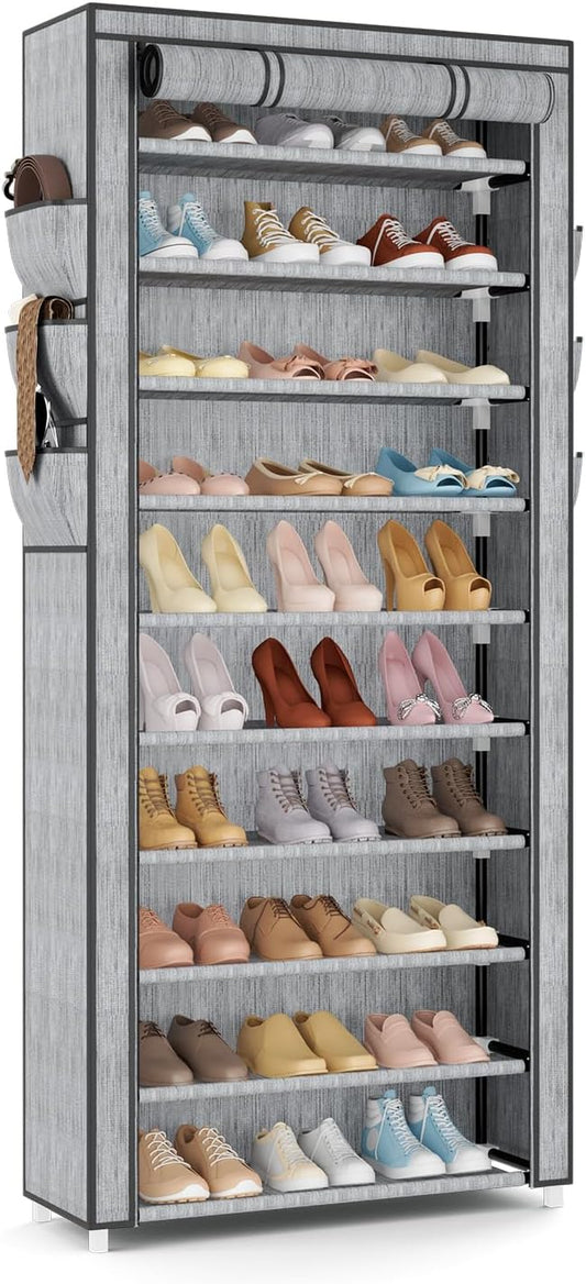 VTRIN Vertical Narrow Shoe Rack Organizer Tall Shoe Rack for Closet Entryway 10 Tier Non-Woven Cover Shoe Shelf Holds 36-41 Pairs Free Standing Shoe Storage Cabinet with Dustproof Cover, Multi Color-NeatNest