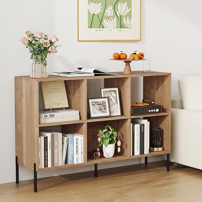 6 Cube Bookcase, Wood Storage Organizer with 5 Metal Legs, Bookshelf with Storage, Cubical Storage Shelf, Wooden Book Shelf, Display Shelves for Bedroom, Living Room, Entryway (Natural)