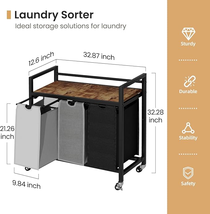 Laundry Hamper, Laundry Basket, Laundry Sorter with 3 Removable Bags, Clothes Basket with 3 Compartments, Wheels, Shelf for Laundry Room Bathroom Bedroom (3 Bags-Black Grey White)-NeatNest