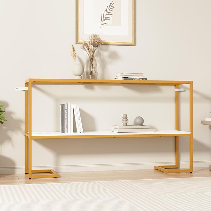 Console Sofa Table, 52" Modern Entryway Table, 2-Tier Open Shelf with Tempered Glass, Metal Frame Behind Couch Table with Gold Metal Frame for Living Room Hallway Entrance, White-NeatNest