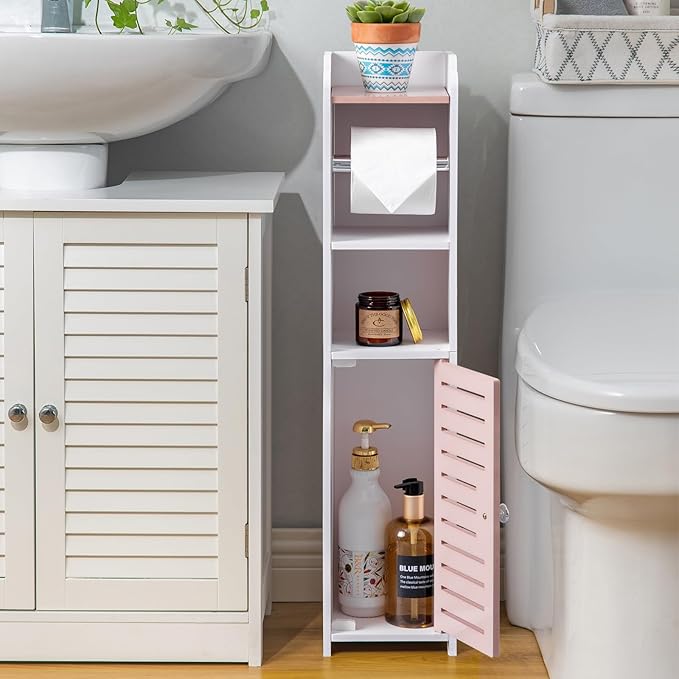 AOJEZOR Toilet Paper Holder Stand: Small Bathroom Storage Cabinet - Pinkish Rose - White-NeatNest