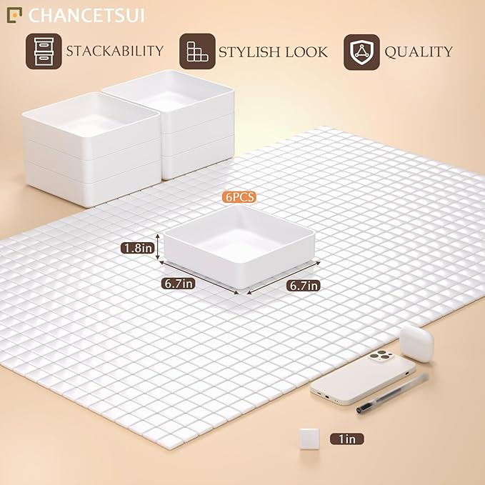 CHANCETSUI White Stackable Drawer Organizer Trays: Square Plastic Drawer Dividers for Small Items and Shallow Space, Vanity, Junk Organization-NeatNest