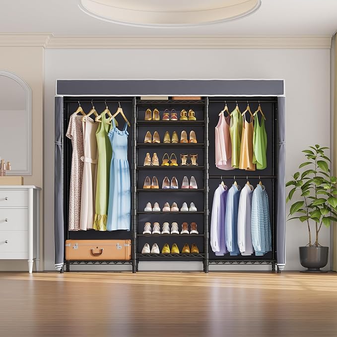 VIPEK S3C Heavy Duty Portable Closet with Adjustable Shoe Rack Wire Shelf, Large Wardrobe Organizer for Bedroom Storage, Freestanding Clothes Rack with Hanging Rod, Custom Black Rack with Grey Cover-NeatNest
