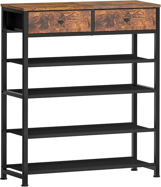 usikey Shoe Rack, 5 Tier Shoe Storage Organizer with 2 Drawers, Metal Shoe Shelf for 12-16 Pairs of Shoes, with 4 Fabric Shelves and Wooden Top, Shoe Stand for Closet Entryway, Rustic Brown-NeatNest