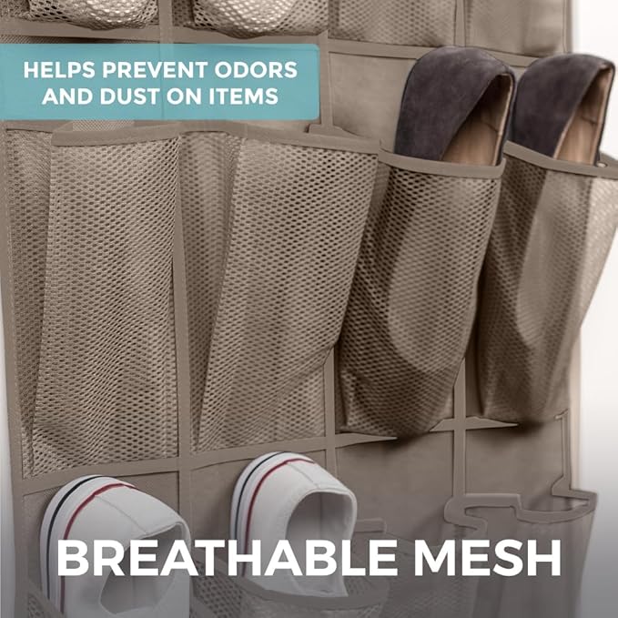 HOME GENIE Over the Door Hanging Shoe Organizer, 24 Breathable Mesh Pockets, Closet Rack Storage Holder, Stay in Place Hooks Hang on Closets, Hanger Holds Up to 40 lbs for Shoes, Accessories, Beige-NeatNest