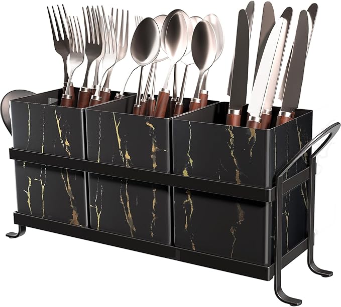Classic Farmhouse Kitchen Organizer - Exquisite Black Gold Marble Metal Silverware Caddy, 3 Spacious Compartments, Ideal for Cutlery, Cooking Tools & More-NeatNest