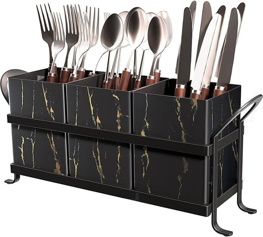 Classic Farmhouse Kitchen Organizer - Exquisite Black Gold Marble Metal Silverware Caddy, 3 Spacious Compartments, Ideal for Cutlery, Cooking Tools & More-NeatNest