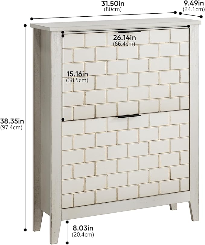 Modern Shoe Cabinet with 2 Flip Drawers, Mid-Century Vintage Shoe Storage Organizer for Entryway Slim, Freestanding Wood Shoe Rack Cabinet for Hallway, Bedroom, Living Room, Retro White-NeatNest