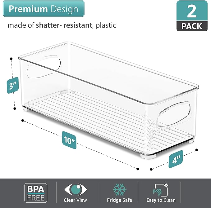 Sorbus Stackable Refrigerator Organizer Bins - Clear Storage Bins for Kitchen Pantry, Freezer & Fridge Organization - Food Organizing Plastic Containers with Handles for Countertops & Drawers (2 Pack)-NeatNest