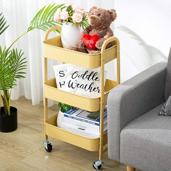 AGTEK Makeup Cart, Movable Rolling Organizer Cart, Khaki Yellow 3 Tier Metal Utility Cart-NeatNest