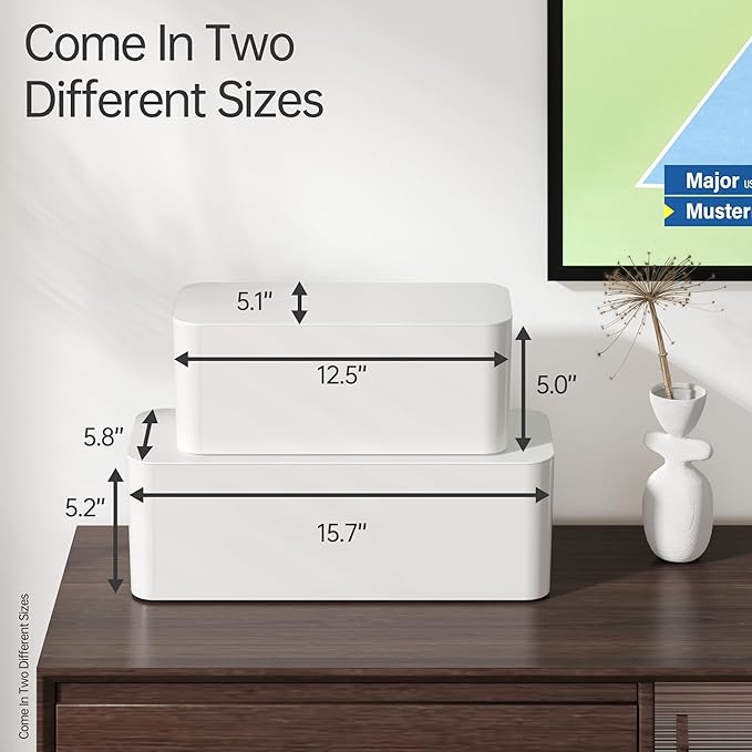YECAYE 2 Pack Cable Management Box, Pet Friendly Cord Organizer Box for Home & Office, Child-Proof Cable and Power Strip Protector Box, Wire Hider and Cord Organizer for Desk, White