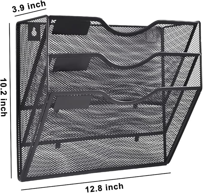 COSYAWN Wall File Holder 3 Pocket Mesh Hanging Wall Organizer Vertical Hanging File Folder Holder Magazine Rack with Nametag Label for Mail Paper Organization,Black-NeatNest