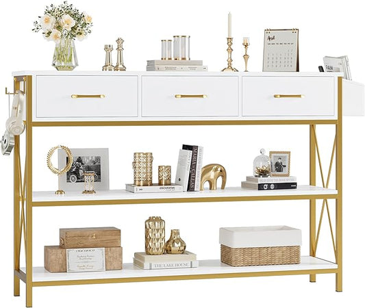 HITHOS 47.2" Console Table with 3 Drawers, Narrow Long Entryway Table with 3-Tier Storage Shelves, Industrial Sofa Foyer Table for Living Room, Hallway, Entry Way, Foyer, Kitchen, White/Gold-NeatNest