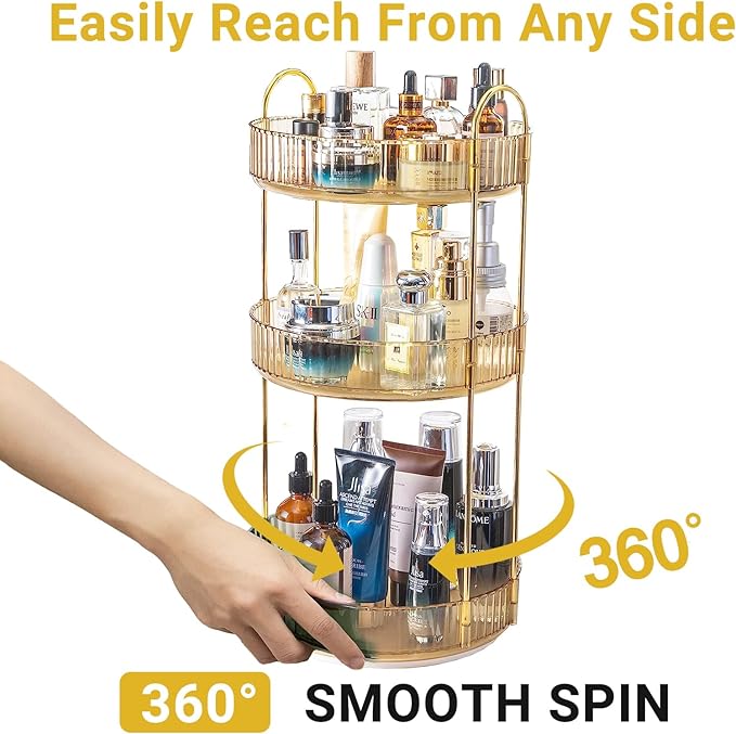 360 Rotating Makeup Organizer for Vanity,3 Tier Large Capacity Vanity Storage,Skincare Perfume Spinning Organizer,Bathroom Cosmetics Storage Makeup Stand Organizer (Gold-3 Tier)-NeatNest