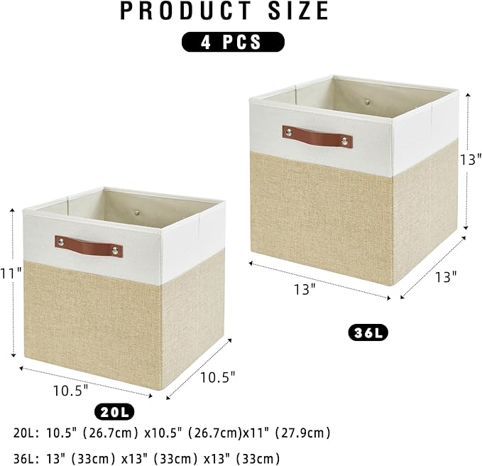 Collapsible Fabric Storage Cube Bins with 2 Reinforced PU Handles, Foldable Storage Organizer Baskets for Closet, Shelves, Living Room | 13"x13"x13", 4 Pack, Beige & White-NeatNest