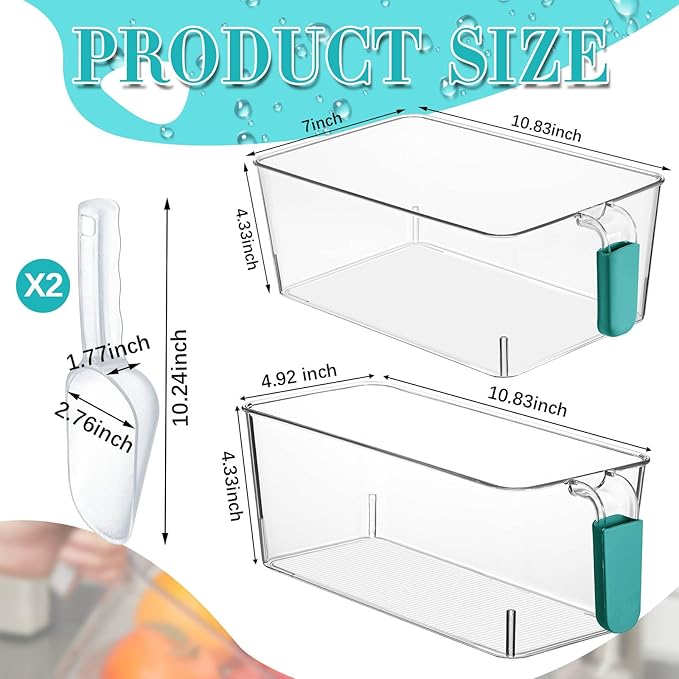 Havawish 2 Set Ice Bin and Flexible Scoop Set Plastic Freezer Ice Bin with Pull Out Handle Clear Storage Bucket for Container with Bucket Scoop(Blue,10.83 x 7 x 4.33 in,10.83 x 4.92 x 4.33 in)