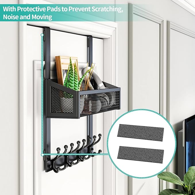 HapiRm Over The Door Hooks - Easy Installation Door Hanger with Basket and 16 Hooks, 304 Stainless Steel Storage Organizer for Towels, Coats, Bathroom, Kitchen, Dorm - Black