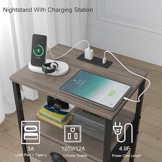 Nightstands Set of 2, Night Stands with Charging Station and Fabric Drawer, Grey Bedside Tables with Drawer, 2- Tier Side Table with Storage, Nightstands with Charging Station,Grey