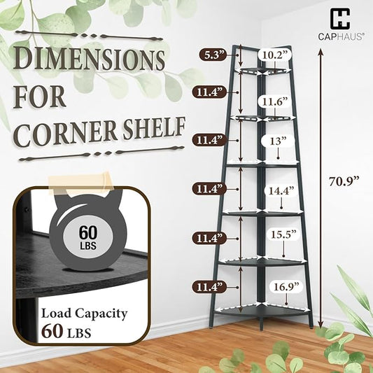CAPHAUS Tall Corner Shelf Stand, 6-Tier Display Shelves, Ladder Corner Wood Storage Plant Bookshelf with Metal Frame, Versatile Shelving Unit Bookcase for Home Office Space, Black-NeatNest
