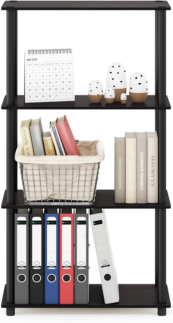 Furinno Turn-N-Tube 4-Tier Multipurpose Shelf Display Rack, Round Tubes, Dark Walnut-NeatNest