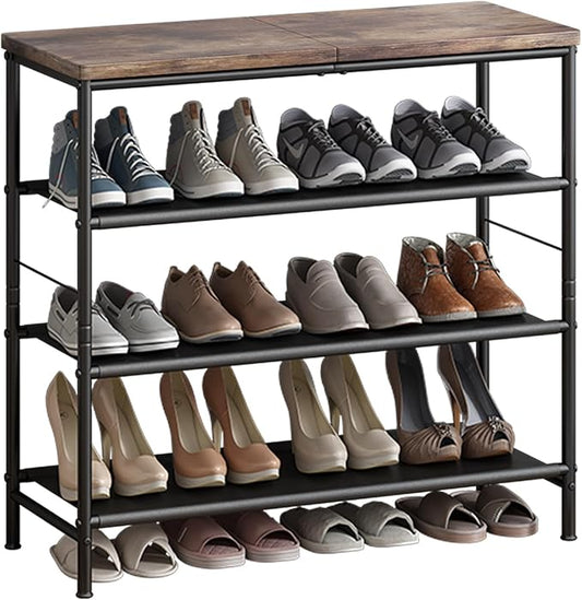 Shoe Rack Organizer 5 Tier Metal Organizer Shelf with Industrial MDF Board and Layer Fabric for Entryway Closet Bedroom Living Room Garage,Black & Rustic Brown (Black+Rustic Brown, 4 Tier)-NeatNest