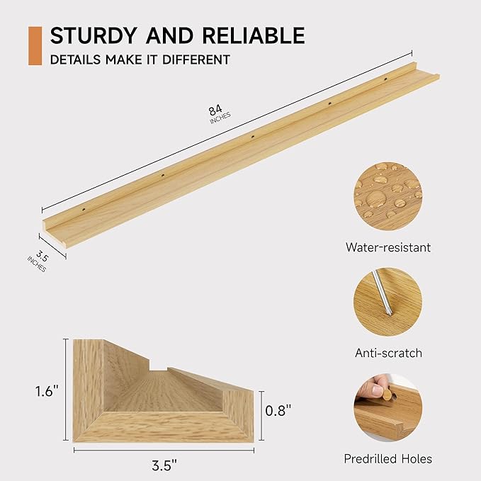 Floating Picture Ledge Shelves for Wall Set of 2, 84 Inches Picture Ledge Shelf with Long Large Nursery Book Shelf for Toys Storage Kids Bookshelf Wall Mounted Living Room Bedroom Decor Frames, Oak-NeatNest