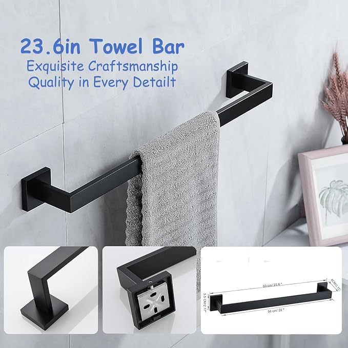 10-Pieces Towel Bar Set Matte Black Bathroom Hardware Set SUS304 Bathroom Accessories Set Includes 2 Towel Bar 24 in+2 Towel Holder+2Toilet Paper Holder+4 Towel Hooks(10, Matte Black, 24 Inch)