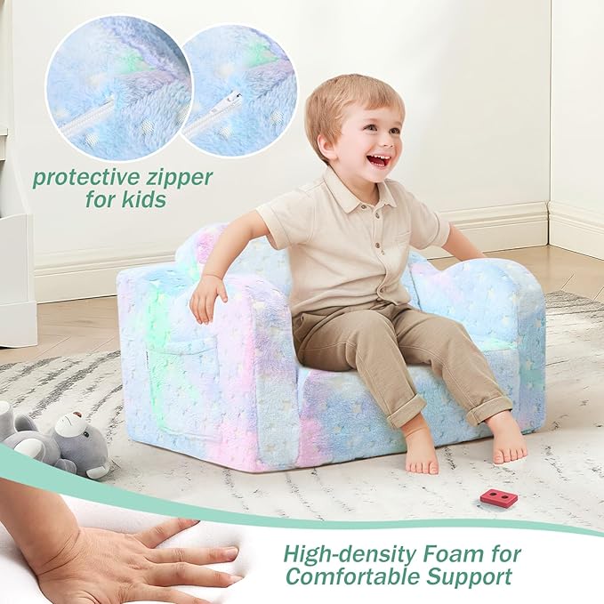 Folding Toddler Chair, Soft Plush Fold Out Kids Couch Sofa Glow in The Dark, Comfy Baby Recliner for Girls Boys (Blue Galaxy)-NeatNest