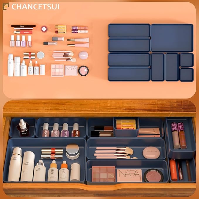 9 Pcs Stackable Drawer Organizer Trays Set, Multifunctional Stackable Storage Trays for Vanity, Bathroom, Kitchen, Desk Drawer Organizer Office. Plastic Drawer Organizers Available In 5 Colours, Blue-NeatNest