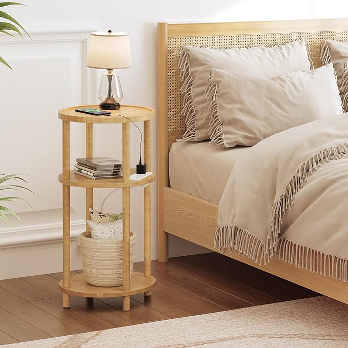 HOOBRO Small Round Side Table with Charging Station, 3-Tier Round Bamboo End Table, Compact Sofa Bedside Table for Small Space, Easy Assembly, for Living Room, Bedroom, Apartment, Natural YL152UBZ01