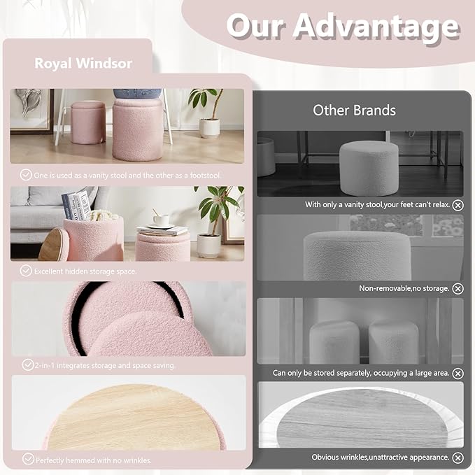 Boucle Round Ottoman with Storage Set of 2,Small Foot Stool Ottoman for Living Room, Small Coffee Table,Vanity Stool with Storage for Bedroom, Pink-NeatNest