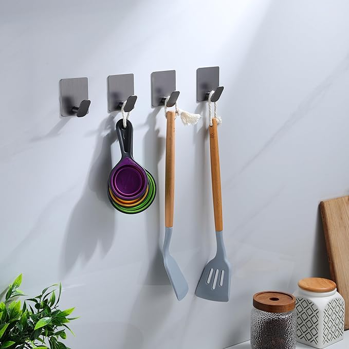 DELITON Towel Hooks for Bathrooms - 4 Pack Adhesive Wall Hooks Heavy Duty No Damage, Coat Robe Sticky Hooks for Hanging Waterproof SUS304 Stainless Steel, Grey-NeatNest