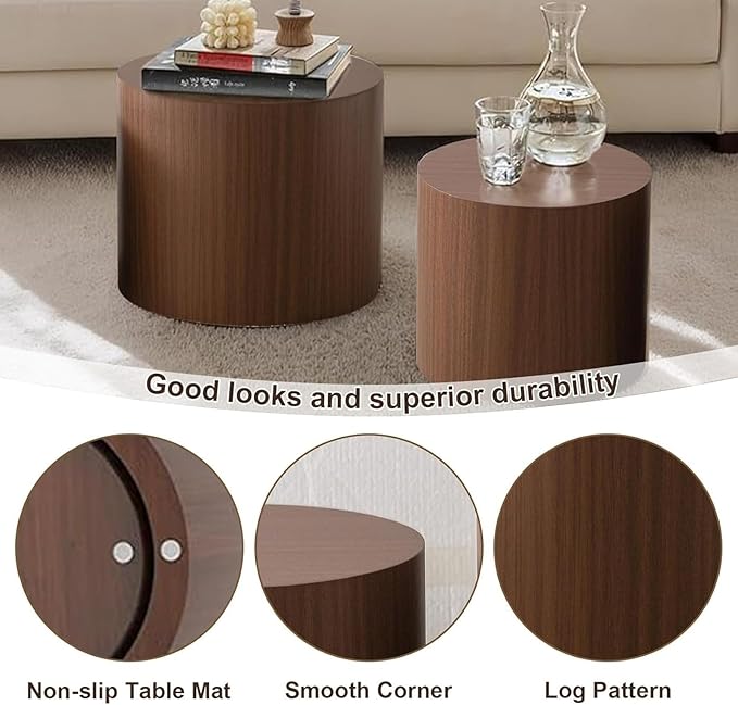 Modern Round Wooden Nesting Circle Coffee Table Set of 2 with Non-Slip Feet, Accent Side End Table, Saving Space Design and No Need Assembly,D