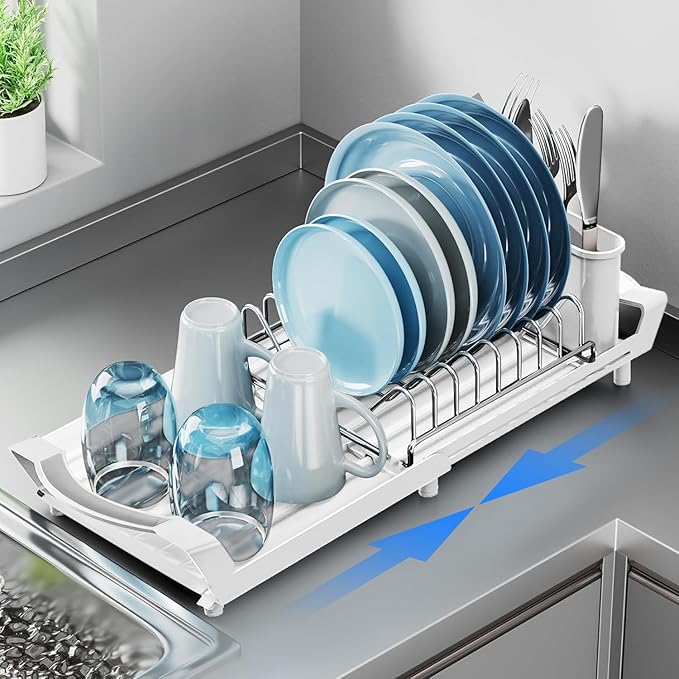 Expandable Dish Drying Rack for Sink or Countertop – Compact Stainless Steel Dish Drainer with Removable Utensil Holder, Rustproof Plate Rack for Small Kitchen Spaces, White