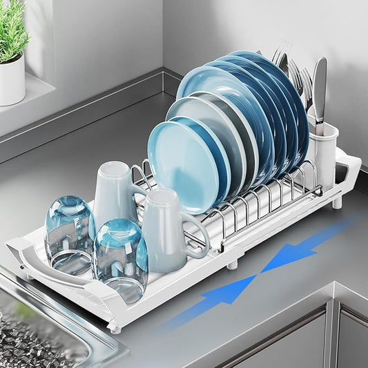 Expandable Dish Drying Rack for Sink or Countertop – Compact Stainless Steel Dish Drainer with Removable Utensil Holder, Rustproof Plate Rack for Small Kitchen Spaces, White