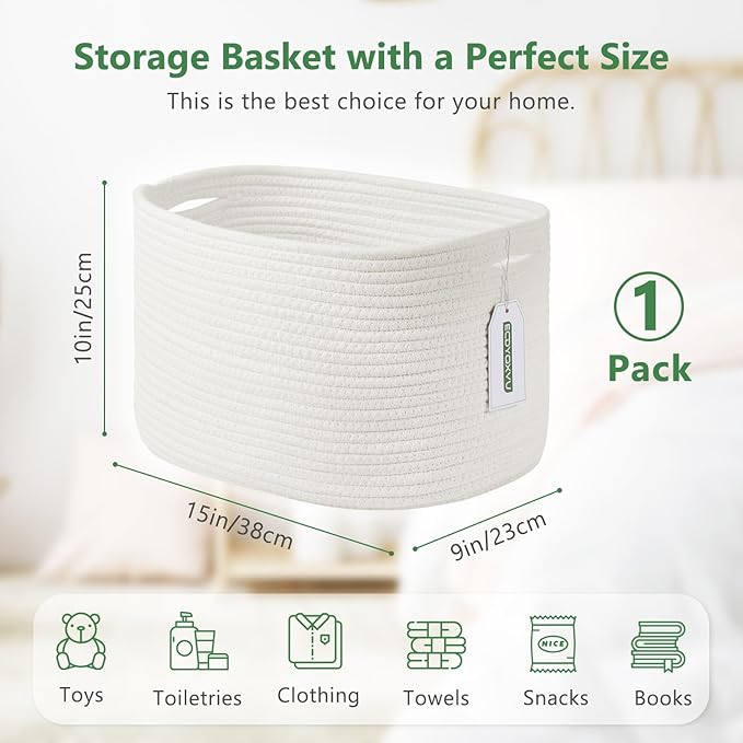 Cotton Rope Storage Basket, 15x10x9 Inches, Woven Basket for Shelves, Clothes, Toys, Towels, Books, and Laundry, Durable and Stylish, White (2 Pack)-NeatNest