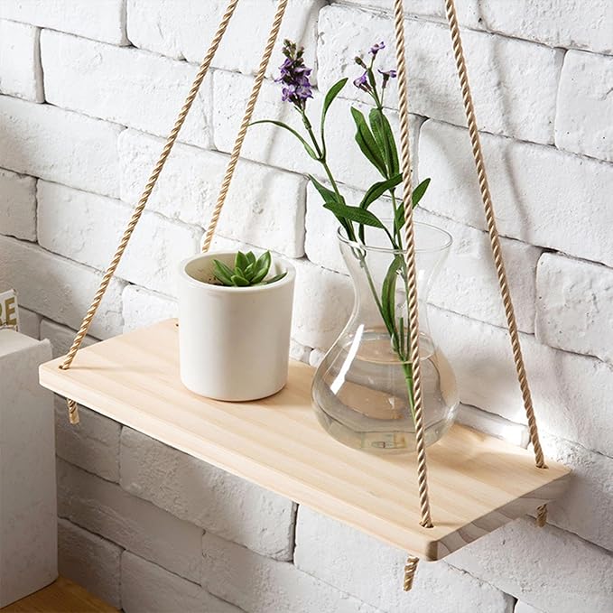 Hanging Shelves for Wall Wooden Floating Shelves Plant Shelf Macrame Rope Triangle Shelf, Natural Reclaimed Wood, Farmhouse Rustic Modern Aesthetic, Boho Dorm Living Room Bedroom Decor-Brown-NeatNest