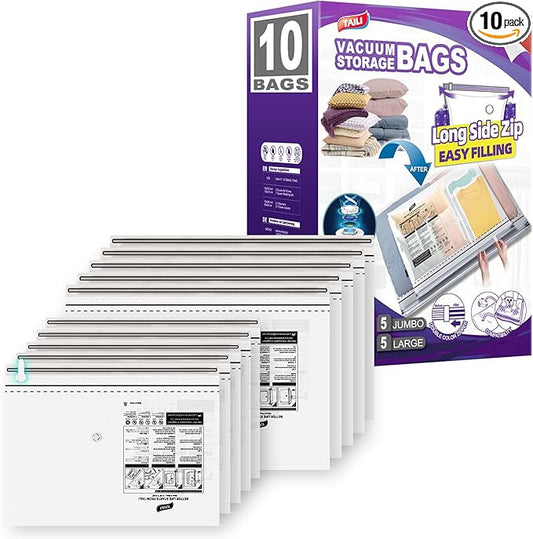 TAILI 10 Pack Vacuum Storage Bags, LONG SIDE ZIP (5 Large+5 Jumbo), Multi-Size Space Saver for Bedding, Blankets, Pillows, Clothes, Vacuum Seal Bags for Clothing Ideal Under Bed Storage Solution,-NeatNest