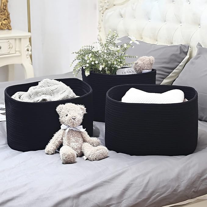 Cotton Rope Storage Basket, 15x10x9 Inches, Woven Basket for Shelves, Clothes, Toys, Towels, Books, and Laundry, Durable and Stylish, Black (3 Pack)-NeatNest