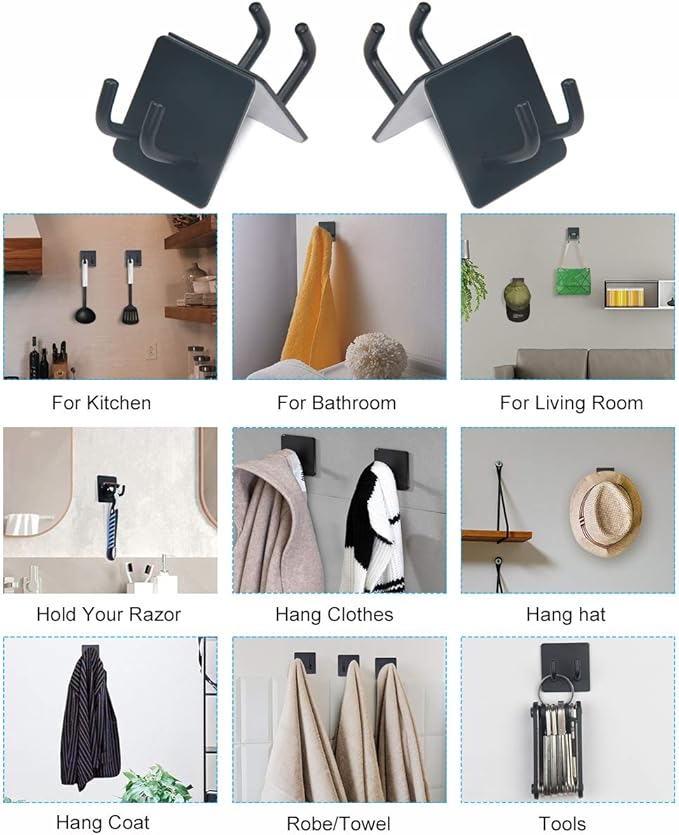Adhesive Hooks, Bathroom Wall Towel Hooks, Black Stick Shower Razor Holder, Stainless Steel Door Hangers for Coat Loofah Robes Self Adhesive Organizer for Kitchen