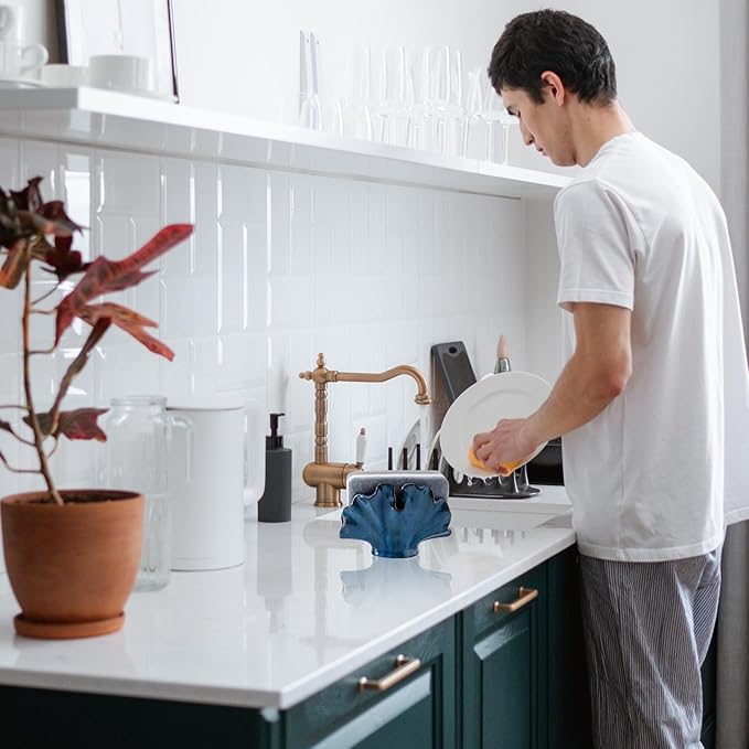 Ceramic Sponge Holder,Sponge Holder for Kitchen Sink,Compact Sink Caddy Organizer-Scouring Pad and Dish Sponge Holders,Farmhouse Kitchens Decor Cute Kitchen Gadgets Accessories(White)-NeatNest