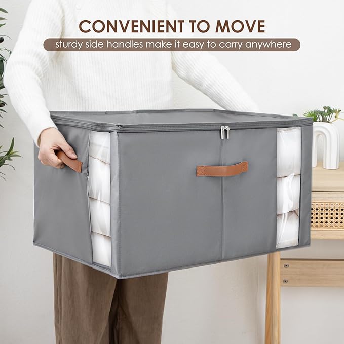 WELTRXE 65L Comforter Storage Bag with Handles, Clothing Storage Container for Quilt, Sheet, Bedding, Large Closet Organizer with Dual Zipper, Underbed Organization and Storage, Grey-NeatNest