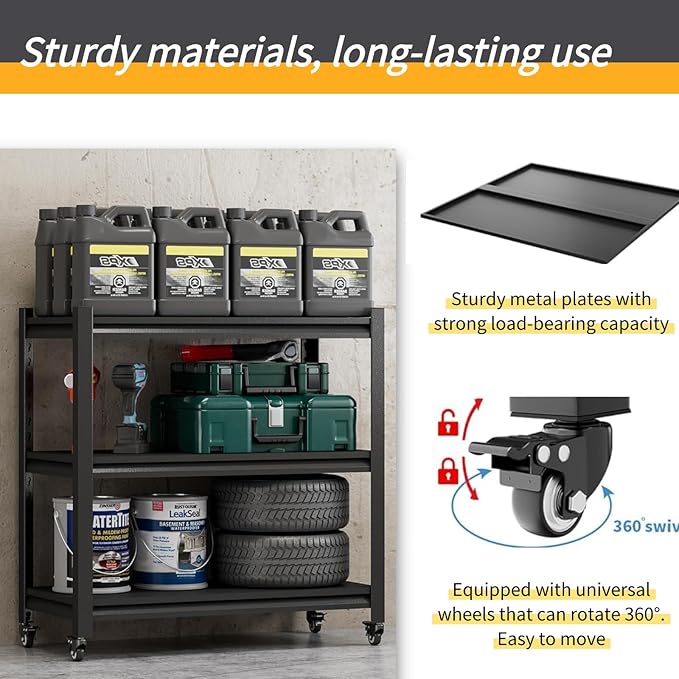 3-Tier Garage Storage Shelves,Heavy-Duty Unit with Wheels,Easy to Assemble Adjustable Metal Garage Shelving for Kitchen Warehouse Tool Room(Size:80cmX40cmX80cm)