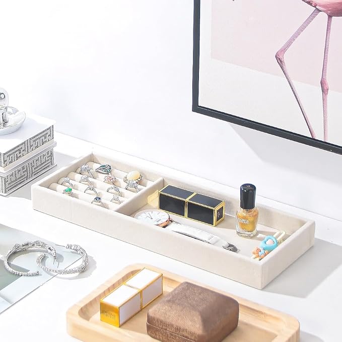 2Pcs Desk Drawer Storage Tray, Nightstand Organizer, Necklace Bracelet Ring Earring Jewelry Display, Grid Table Organizer Holder for Sunglass, Phone, Watch, Perfume (2 grid)/Beige-NeatNest