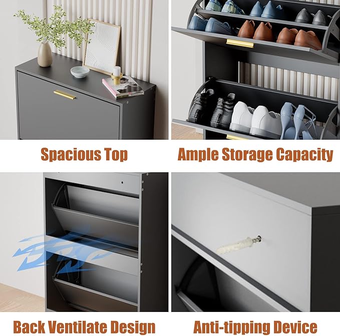 JOZZBY Shoe Cabinet for Entryway, Narrow Shoe Storage Cabinet with 2 Flip Drawers, Wooden Hidden Shoe Rack Organizer with 2 Tier Freestanding for Hallway, Living Room, Set of 2, Black-NeatNest