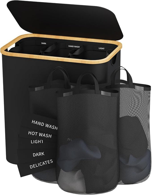 Laundry Hamper 3 Section, 145L Dirty Clothes Hamper with Lid, Extra Large Laundry Basket Organizer with Removable Inner Bags & Labels for Laundry Room, Bedroom, Black-NeatNest