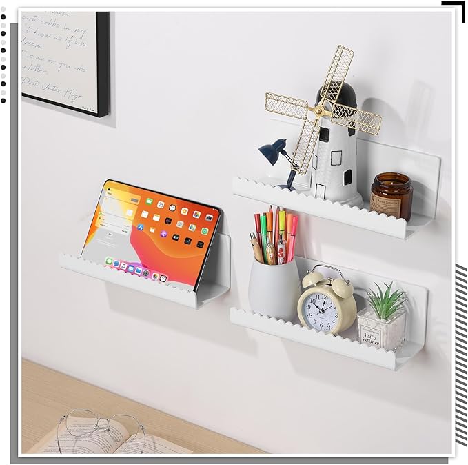 2 Pack Acrylic Wall Floating Shelves, White Adhesive Organizer, 11.8“ Acrylic Floating Bookshelves, Wall Display Shelve for Bedroom, Gaming Room, Living Room, Bathroom, Office-NeatNest
