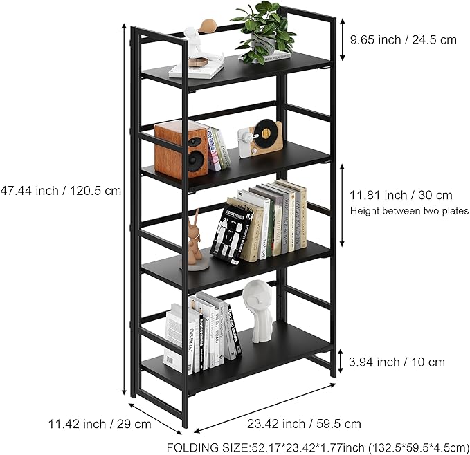 BHG Vintage Multifunctional Folding Bookshelf, No-Assembly Plant Stand Storage Rack Shelves for Home Office (All Black, 4-Tier)-NeatNest